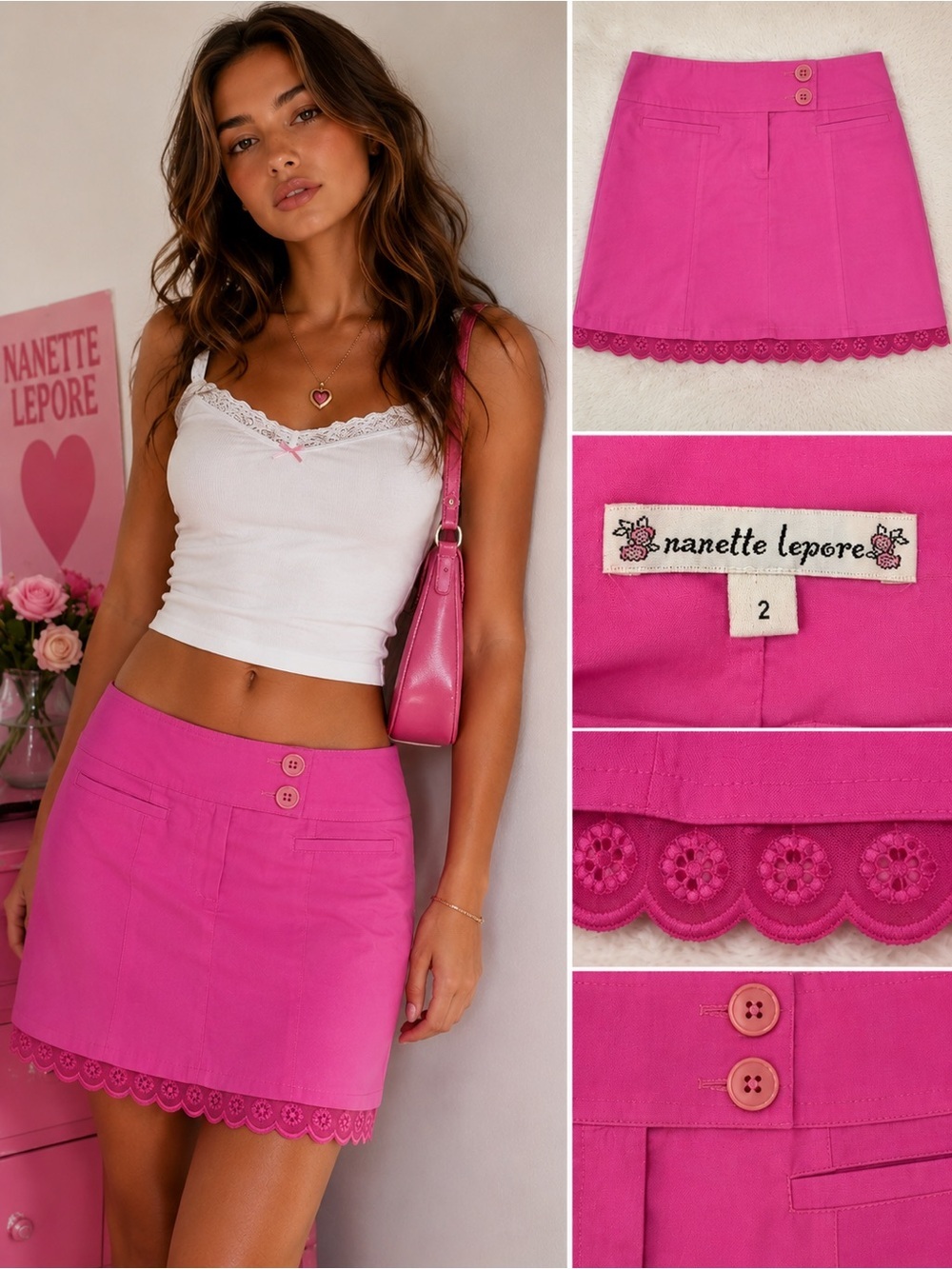 Vintage Y2K Nanette Lepore Raspberry Pink Barbiecore Mini Skirt Size 2